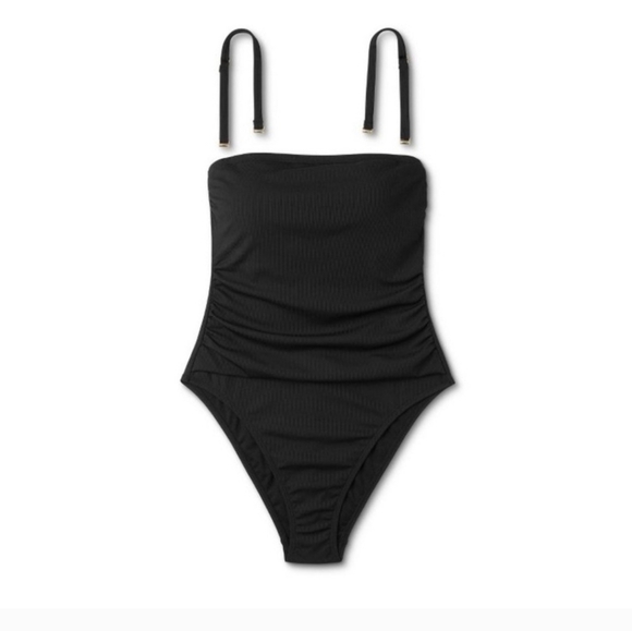 NWT Women's Shirred Ribbed Bandeau Cheeky Swimsuit - Shade & Shore™ Black XS - Picture 2 of 6